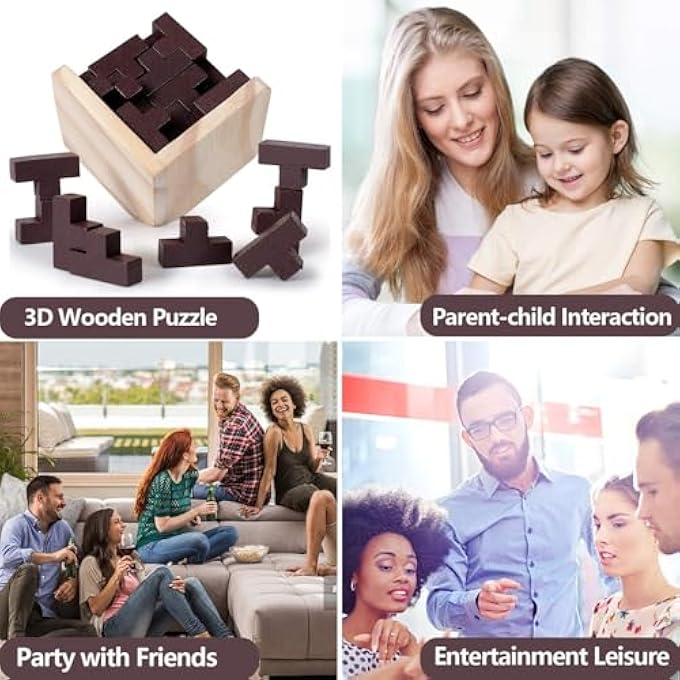 3D WOODEN CUBE, BRAIN TEASER PUZZLE, T-SHAPED JIGSAW PUZZLE TOY, EDUCATIONAL PUZZLE TOY FOR KIDS AND ADULTS, LOGIC AND PROBLEM-SOLVING GAME, FUN AND LEARNING GIFT FOR KIDS AND ADULTS | BROWN - Image 4